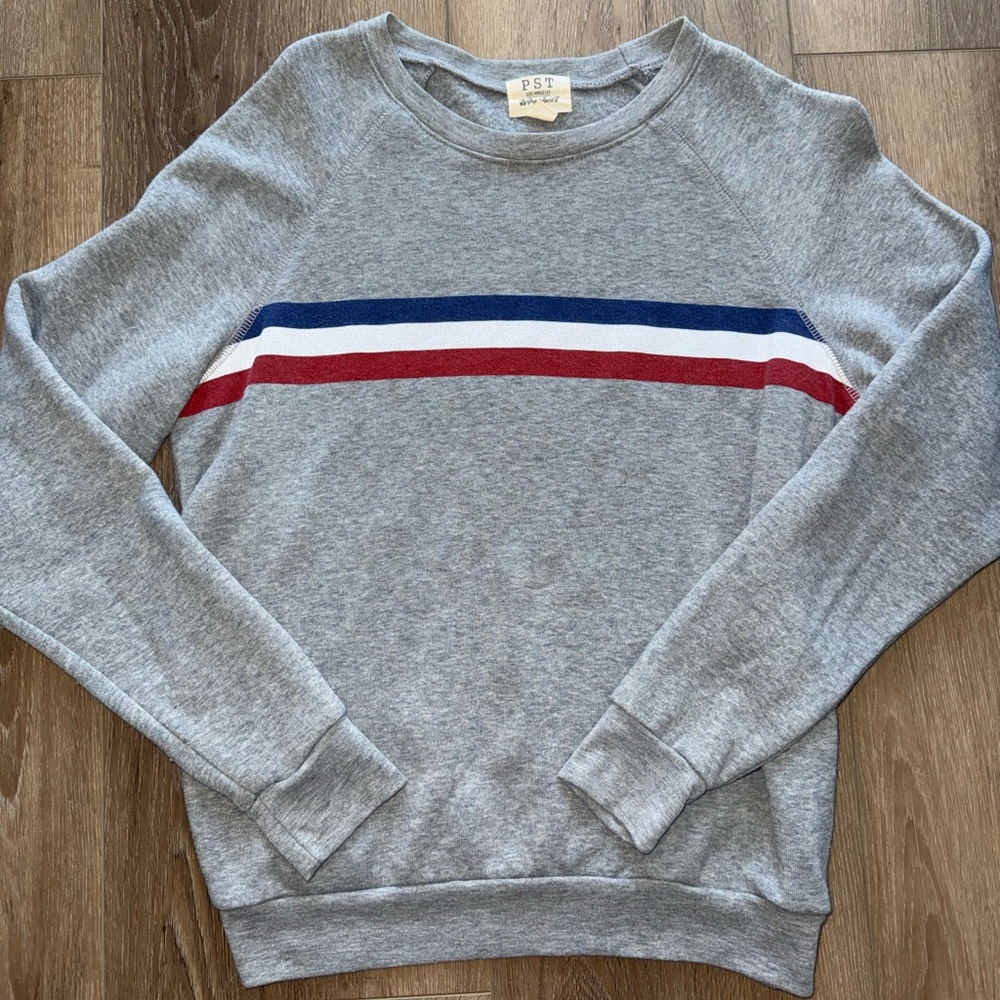 Project Social T Gray Crew Neck Pullover Sweatshirt Red Blue French Stripes XS